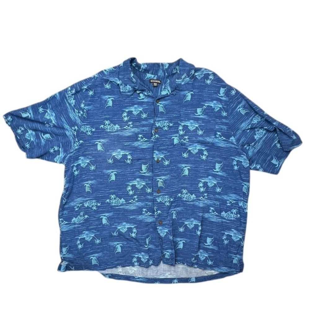 George 3XL Blue Tropical Palm Tree Hawaiian Shirt Vacation Beach Summer Casual